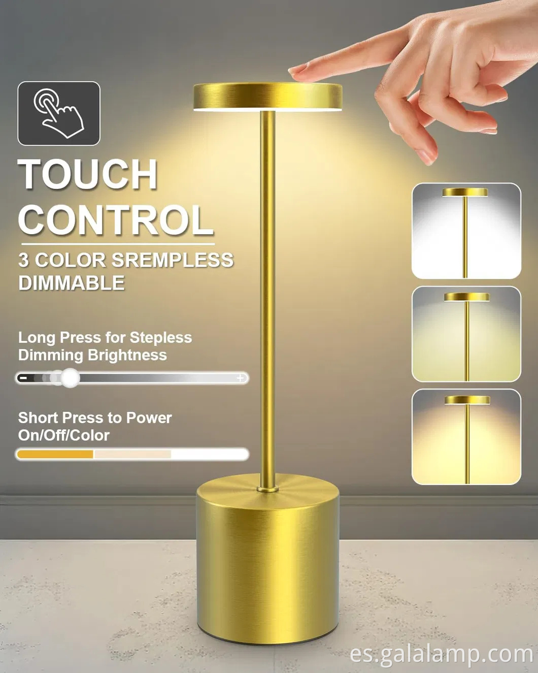 Lámpara de mesa LED con batería recargable - Luz de 3 colores Dimmable